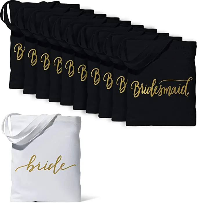 11 Piece Set - Bride & Black Bridesmaid Canvas Beach Tote Bags