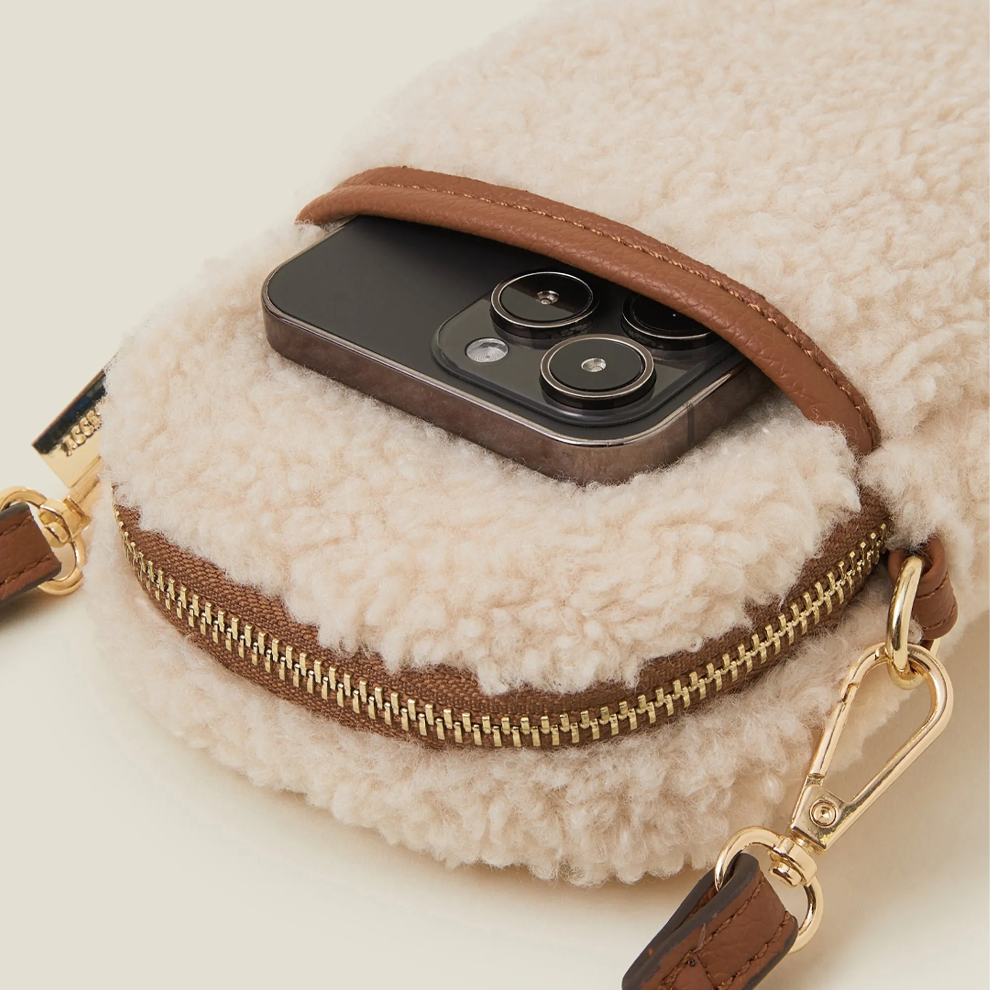 Accessorize London Women's Cream Shearling Phone Bag