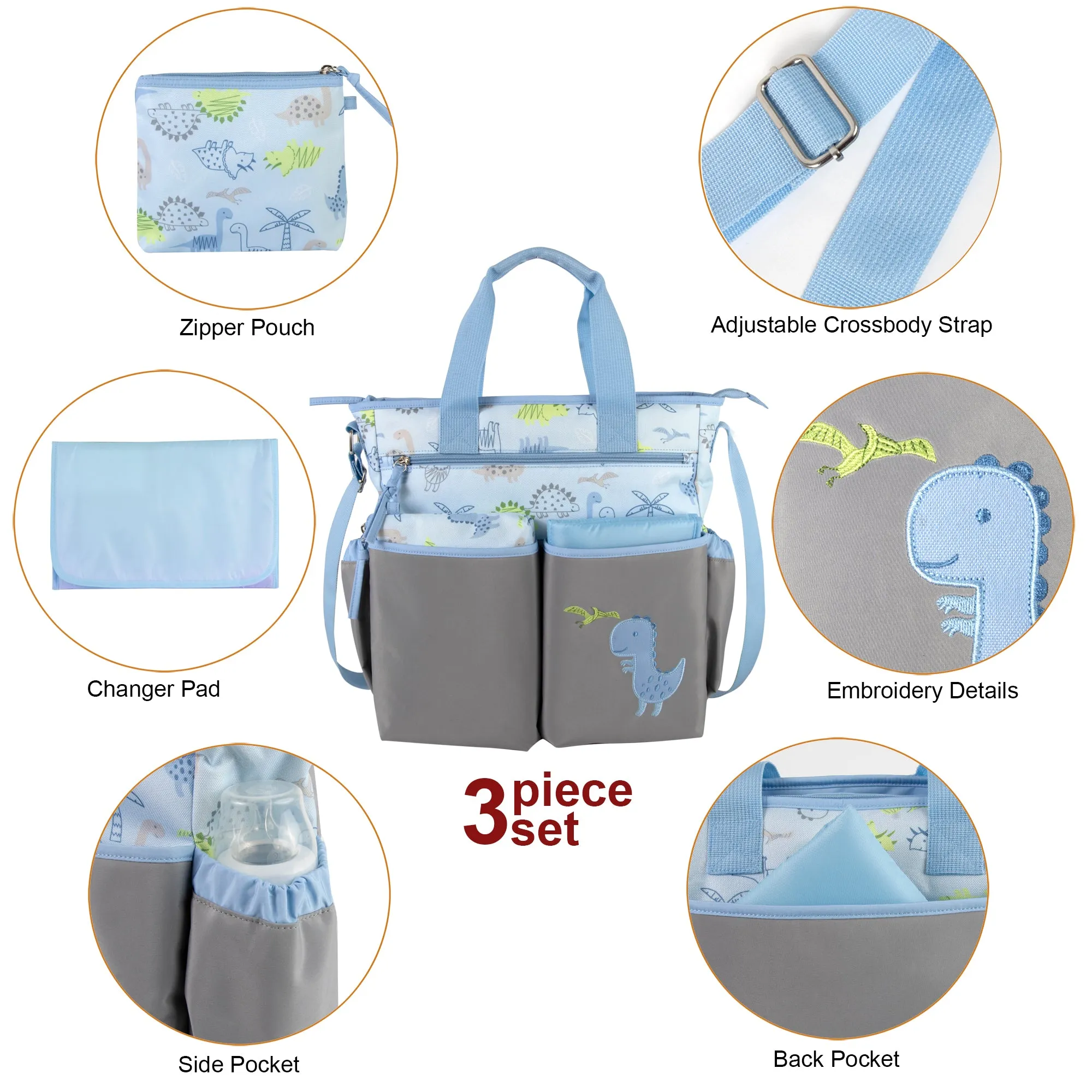 Baby Essentials 3-in-1 Diaper Bag Set - Blue Dino Themed