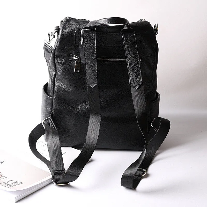 Black Double Zipper Convertible Full Grain Leather Backpack for Women