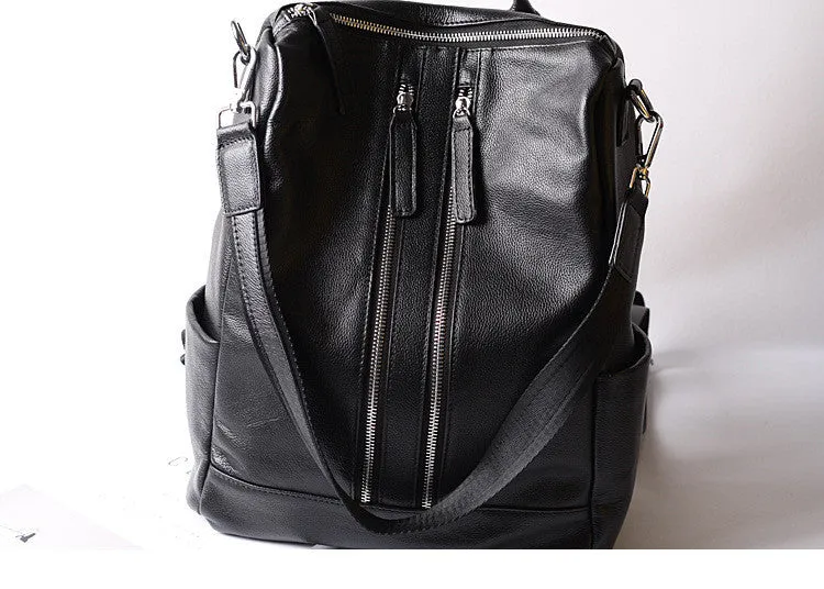 Black Double Zipper Convertible Full Grain Leather Backpack for Women