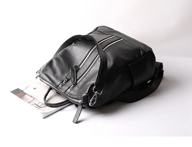 Black Double Zipper Convertible Full Grain Leather Backpack for Women