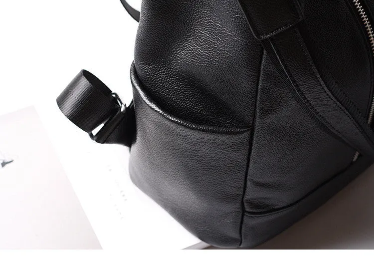 Black Double Zipper Convertible Full Grain Leather Backpack for Women