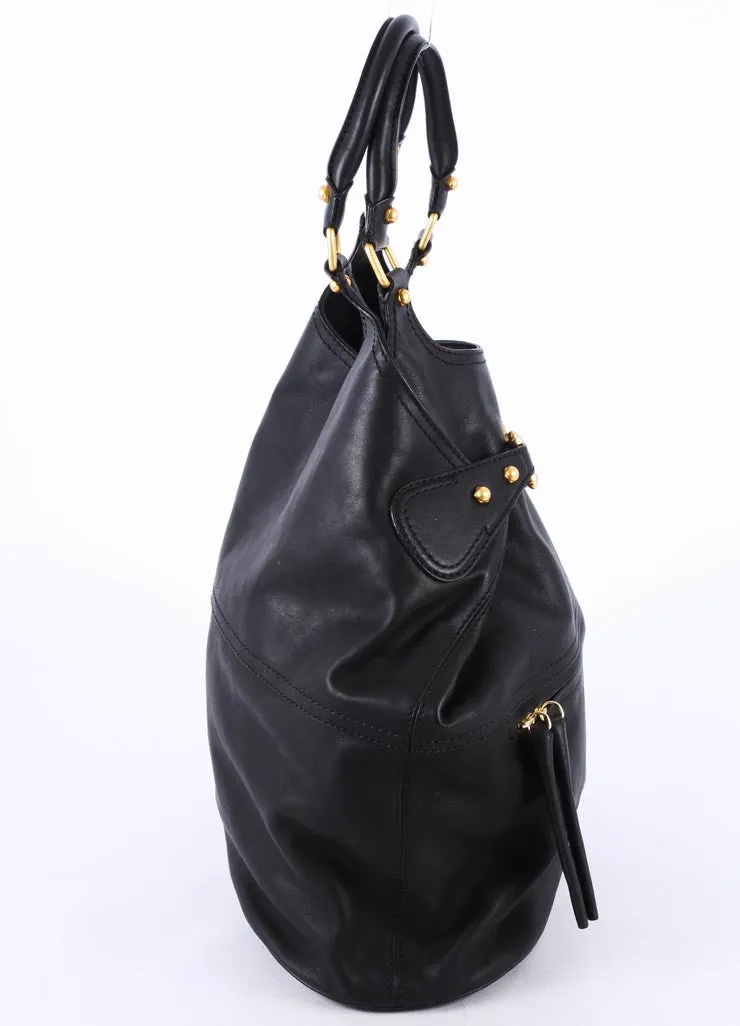 Black Leather Buckle Tote With Gold Toned Hardware