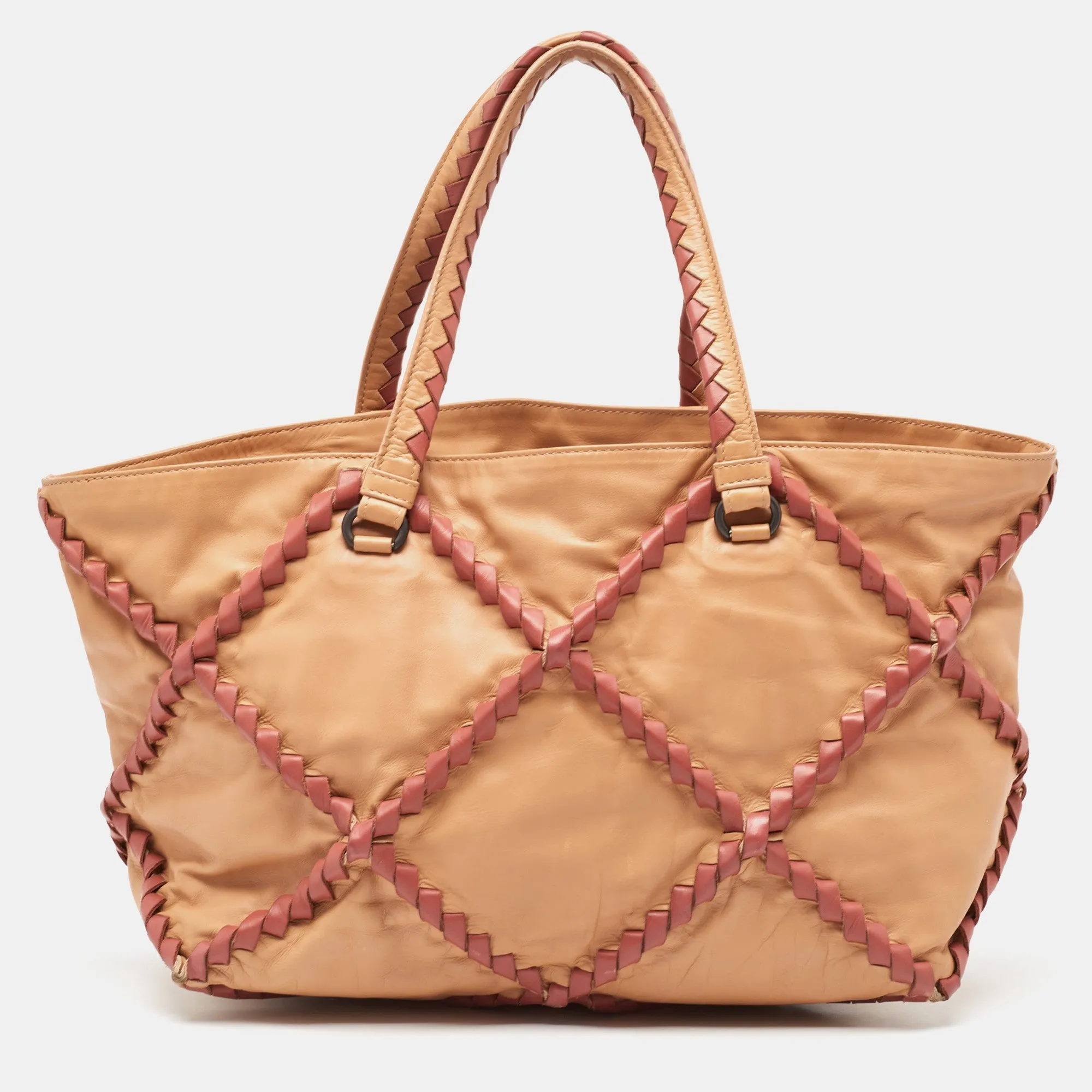 BOTTEGA VENETA Beige/Burgundy Quilted Leather Shopper Tote