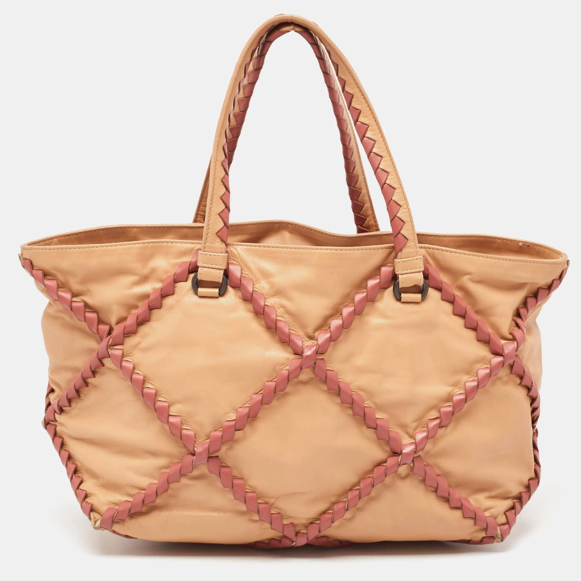 BOTTEGA VENETA Beige/Burgundy Quilted Leather Shopper Tote