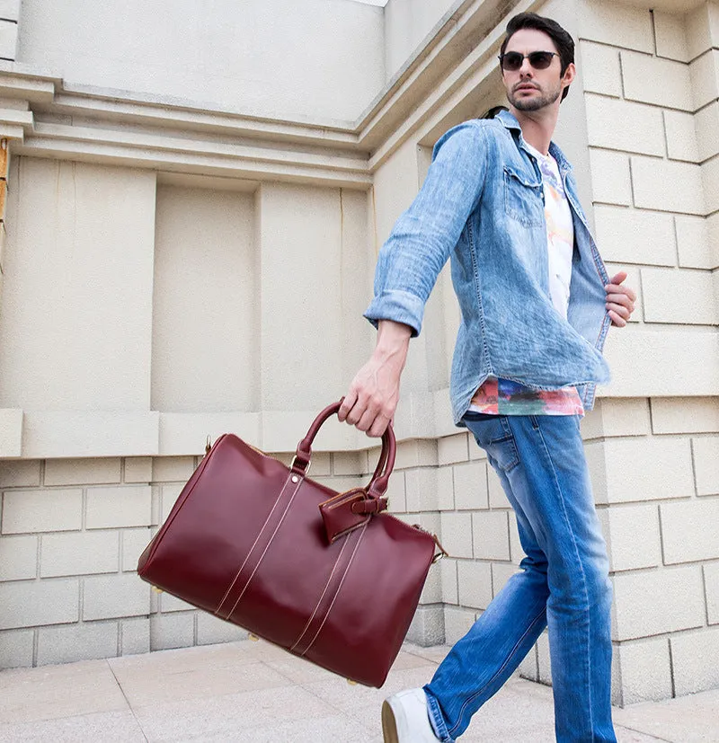 Burgundy Shoulder Leather Travel Weekender Duffel Bag