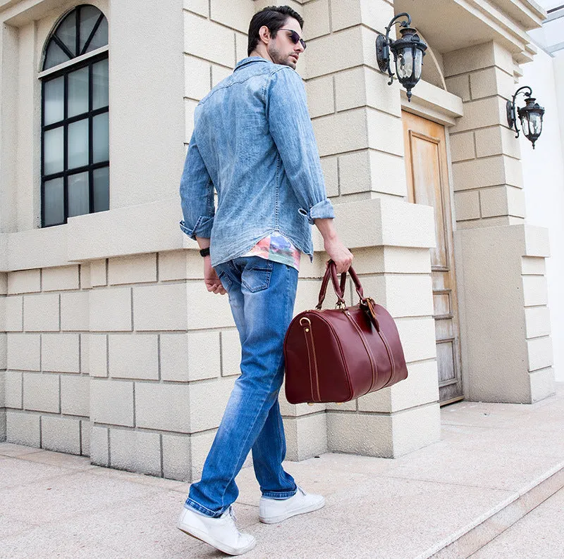 Burgundy Shoulder Leather Travel Weekender Duffel Bag