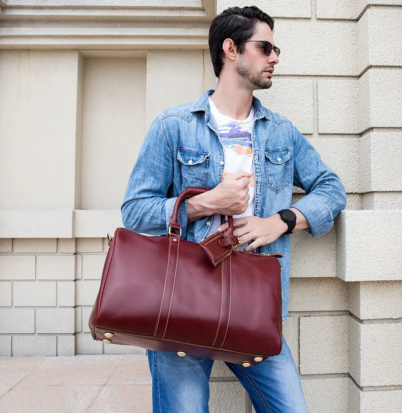 Burgundy Shoulder Leather Travel Weekender Duffel Bag