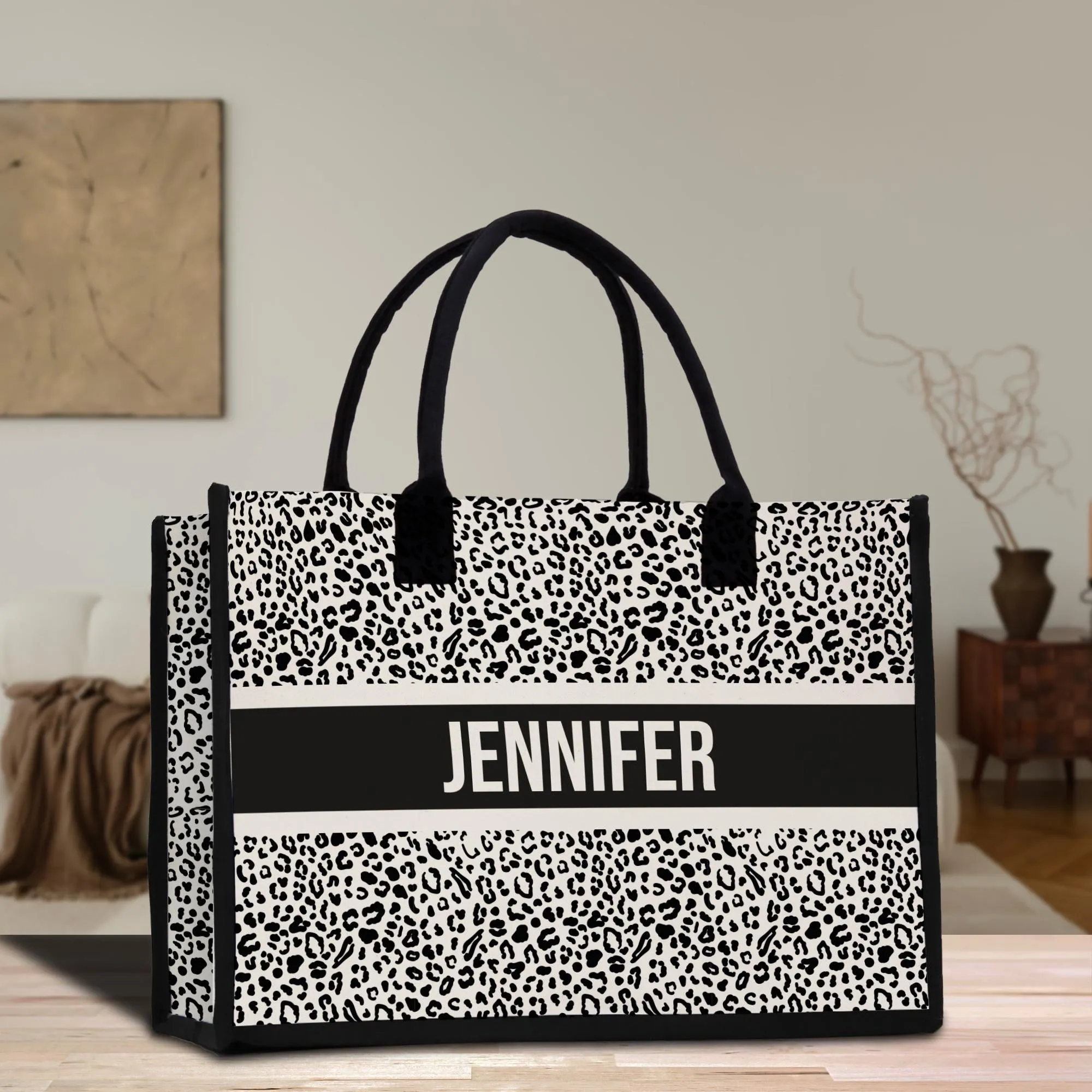 Custom Name Cotton Canvas Tote Bag Personalized Chic Pattern Tote Christmas Gift Bridesmaid Bag Premium Custom Tote Bag (PNTB1002)