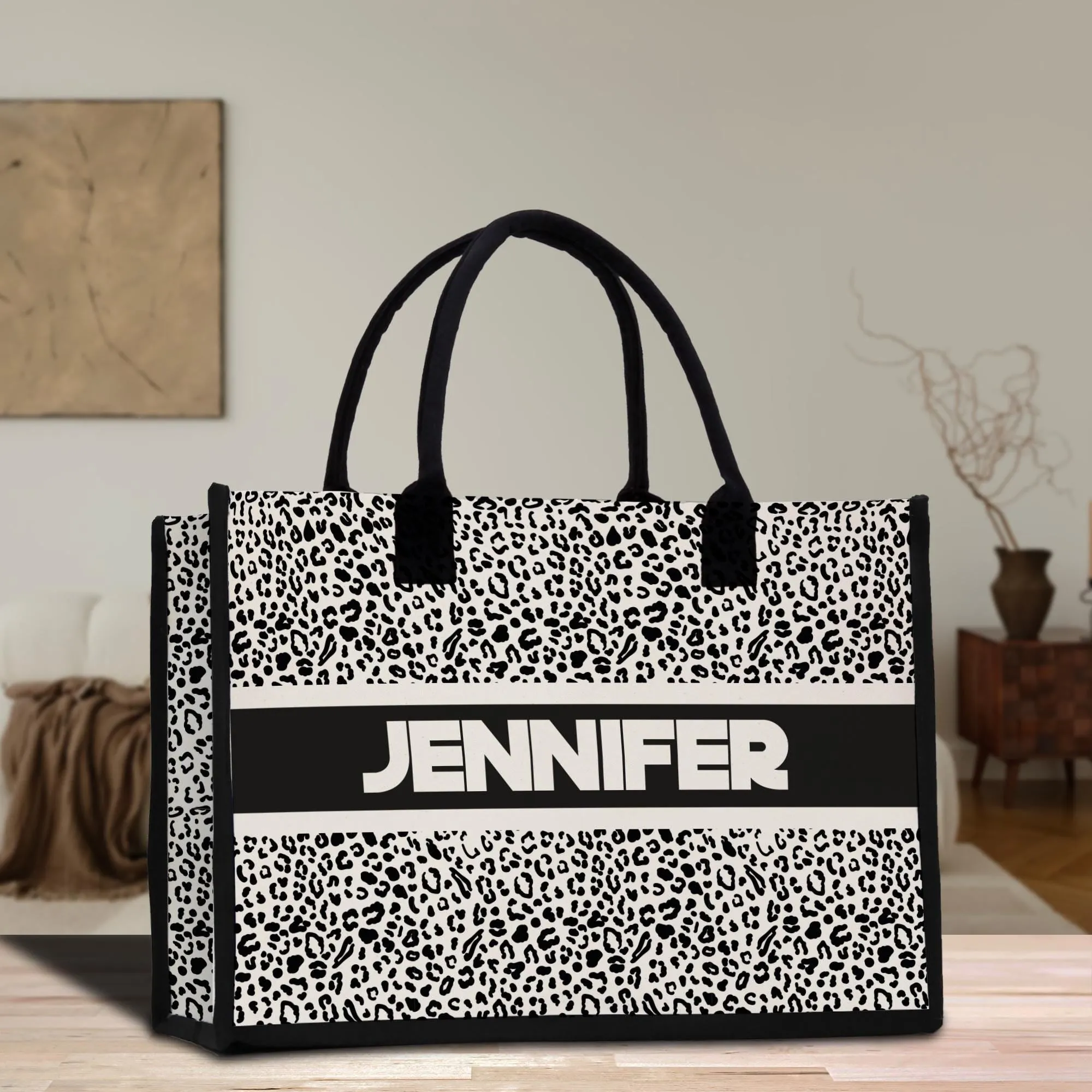 Custom Name Cotton Canvas Tote Bag Personalized Chic Pattern Tote Christmas Gift Bridesmaid Bag Premium Custom Tote Bag (PNTB1002)