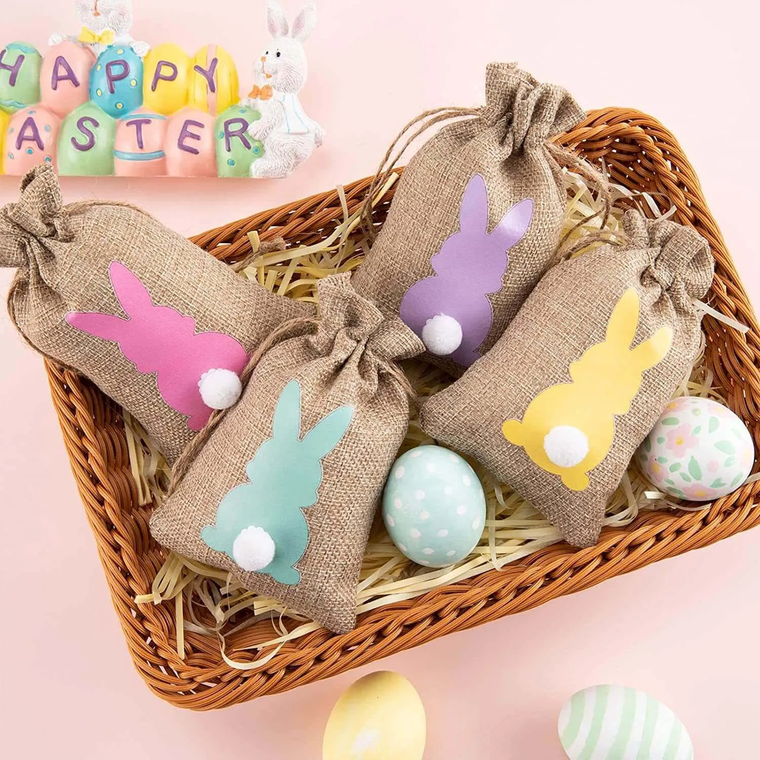 Easter Burlap Bags Bunny Treat Bags Drawstring Linen Goody Bags for Easter Party Favor