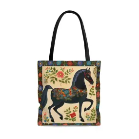 Folk Art Black Horse Tote Bag - Cute Cottagecore Totebag Makes the Perfect Gift