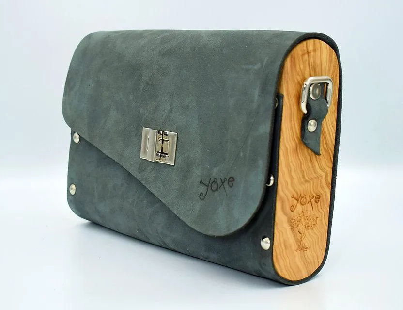 Gray leather wood women bag