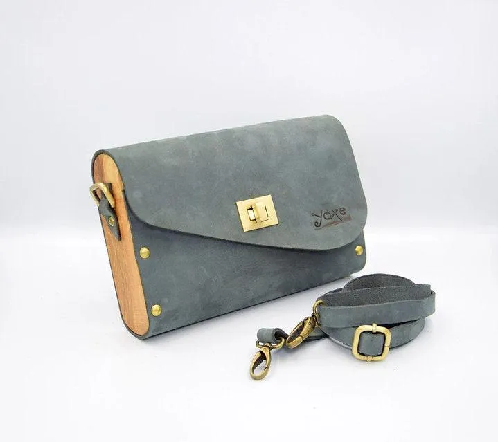 Gray leather wood women bag