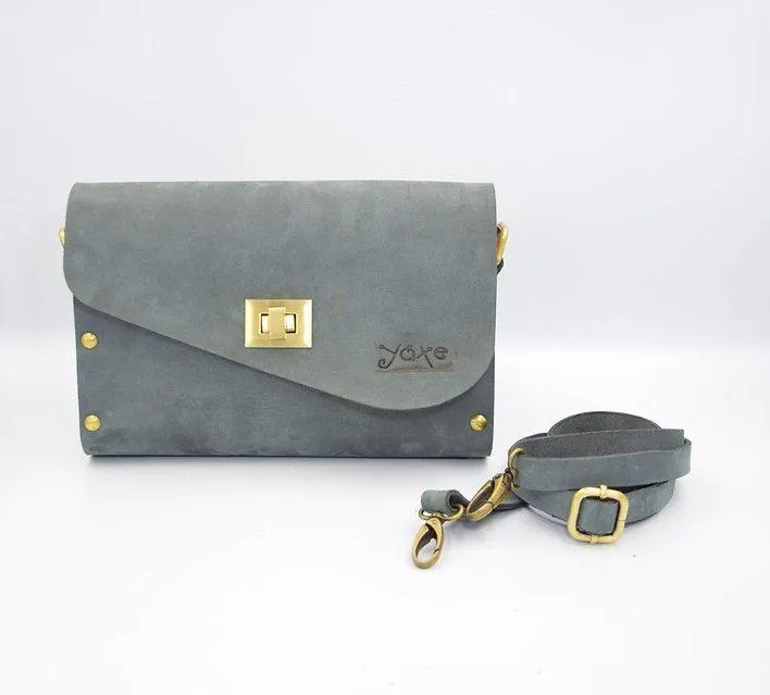 Gray leather wood women bag