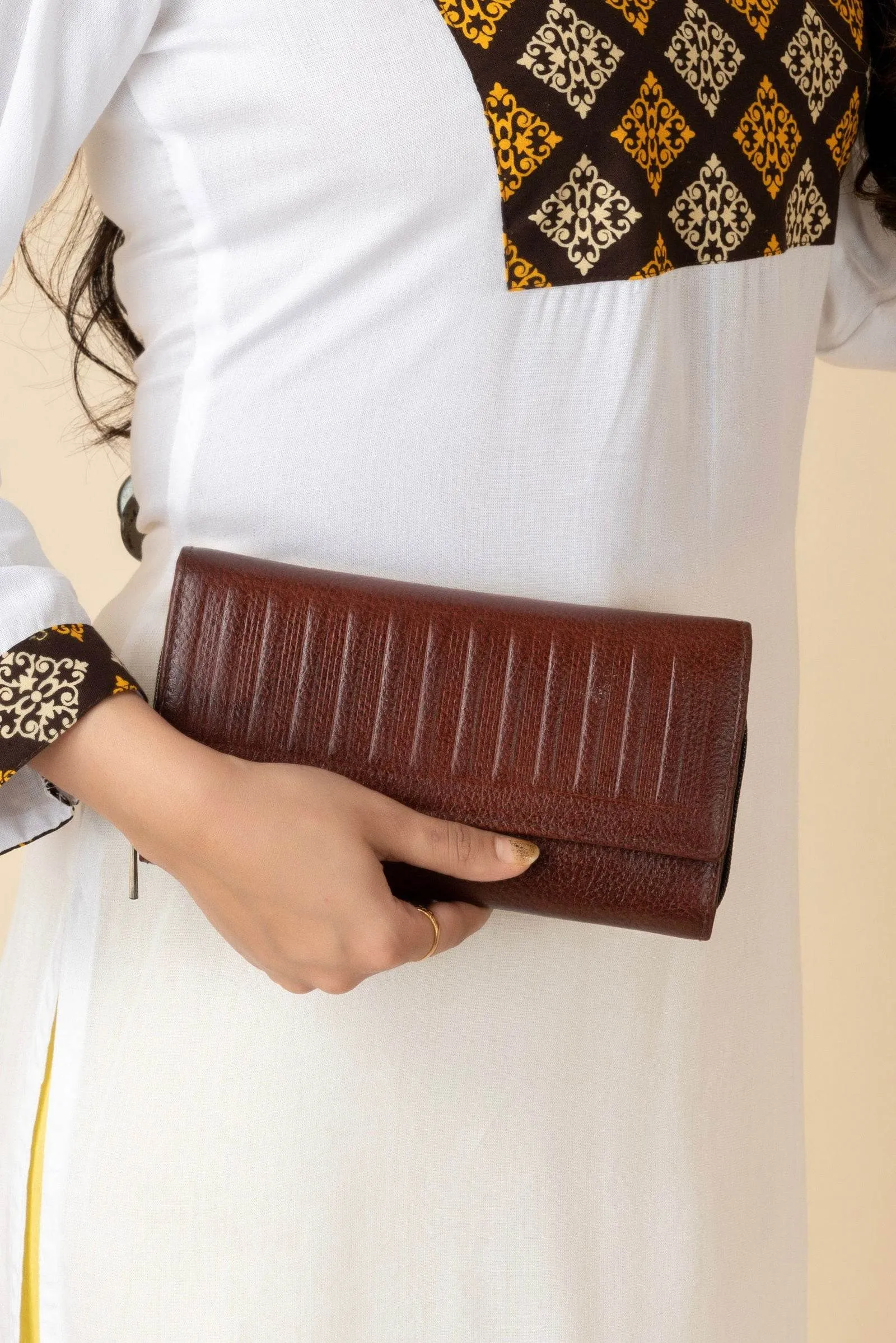 Handcrafted Leather Clutch For Women - Brown 4 Compartment Bag 7.5x4 Inches, Genuine Leather