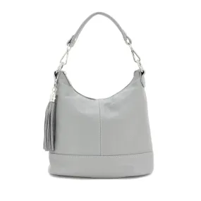 Italian Designer Leather Bucket Bag with Tassel - Swolit Tullio- Light Grey