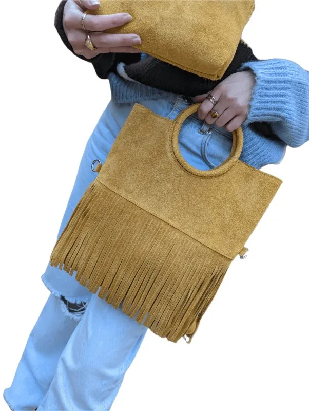 Italian Leather Suede Leather Circle Handle with Fringes Handbag - Swolit Giulia-Light Tan