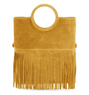 Italian Leather Suede Leather Circle Handle with Fringes Handbag - Swolit Giulia-Light Tan