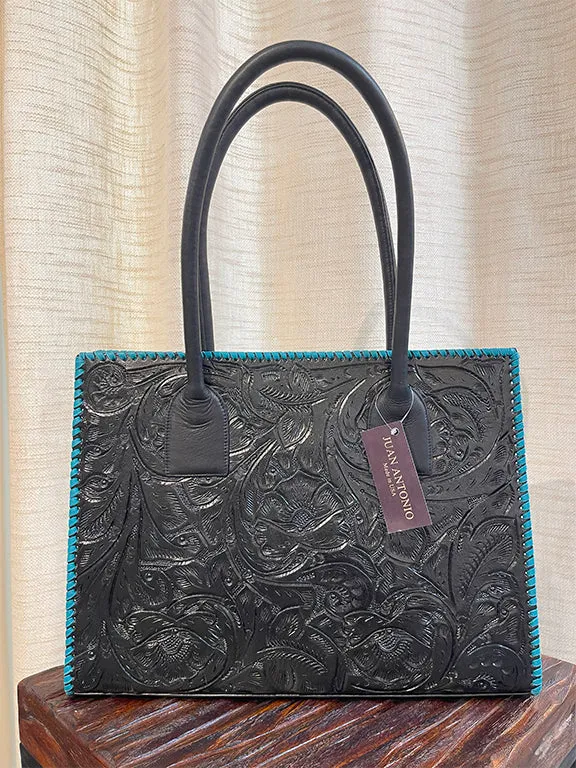 Juan Antonio Black Floral Embossed Leather Tote with Turquoise Trim