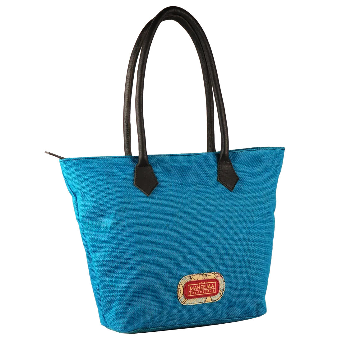 Jute Bag with Leather Handles - Blue