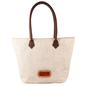 Jute Bag with Leather Handles - White