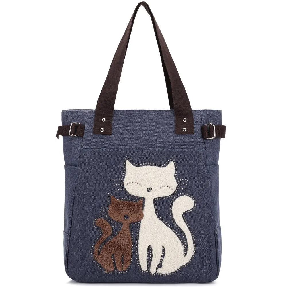 KAUKKO Cute Cat Totes Women Canvas Handbags ( Blue )