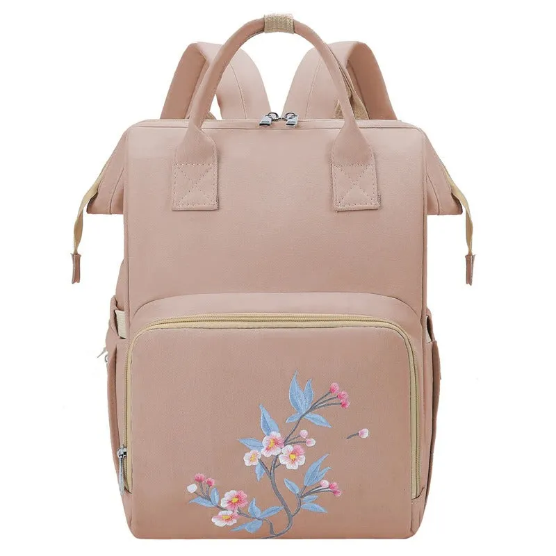 Large Capacity Diaper Backpack With Flower Embroidery