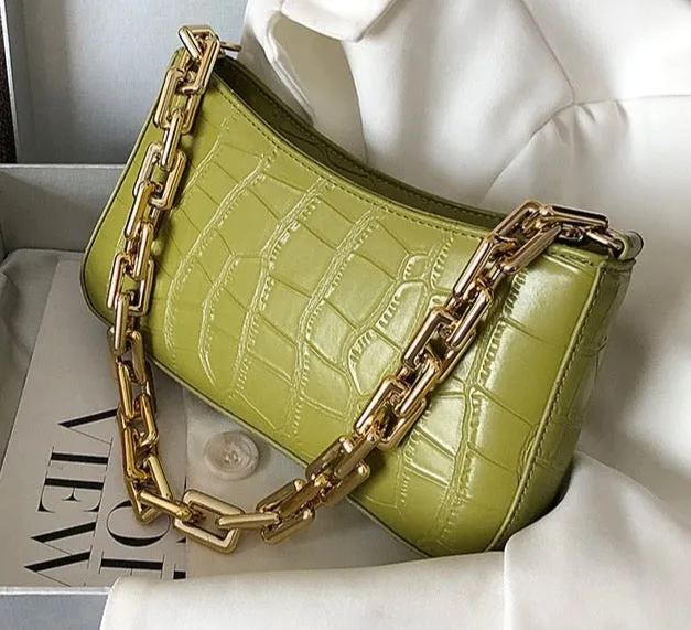 Leather Croc Baguette Chain Bag