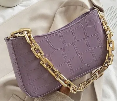 Leather Croc Baguette Chain Bag