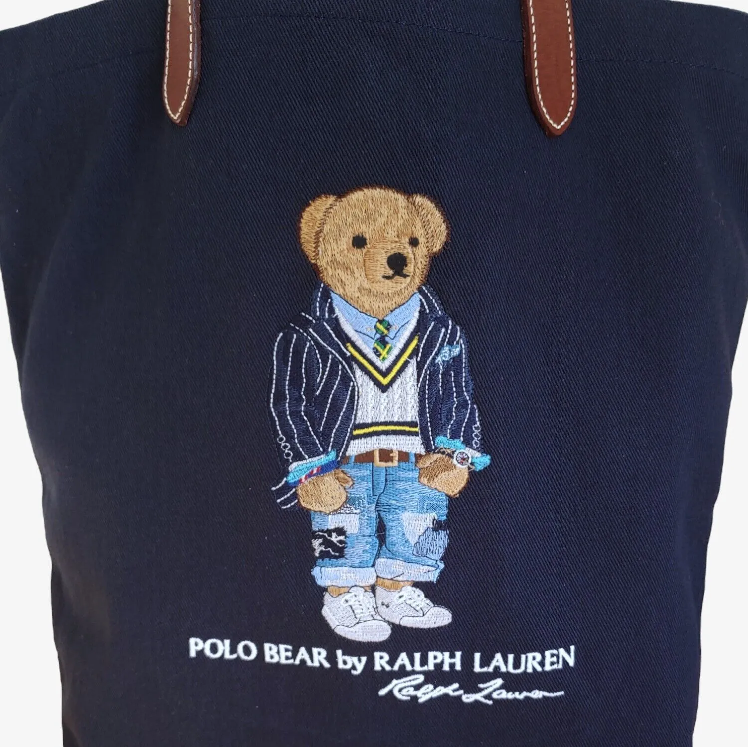 Ralph Lauren Polo Bear Embroidered Navy Tote Bag With Leather Handles