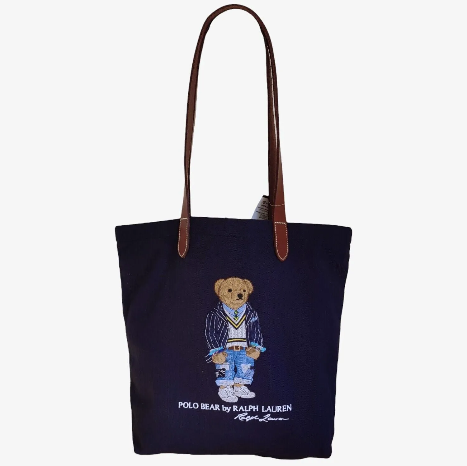 Ralph Lauren Polo Bear Embroidered Navy Tote Bag With Leather Handles