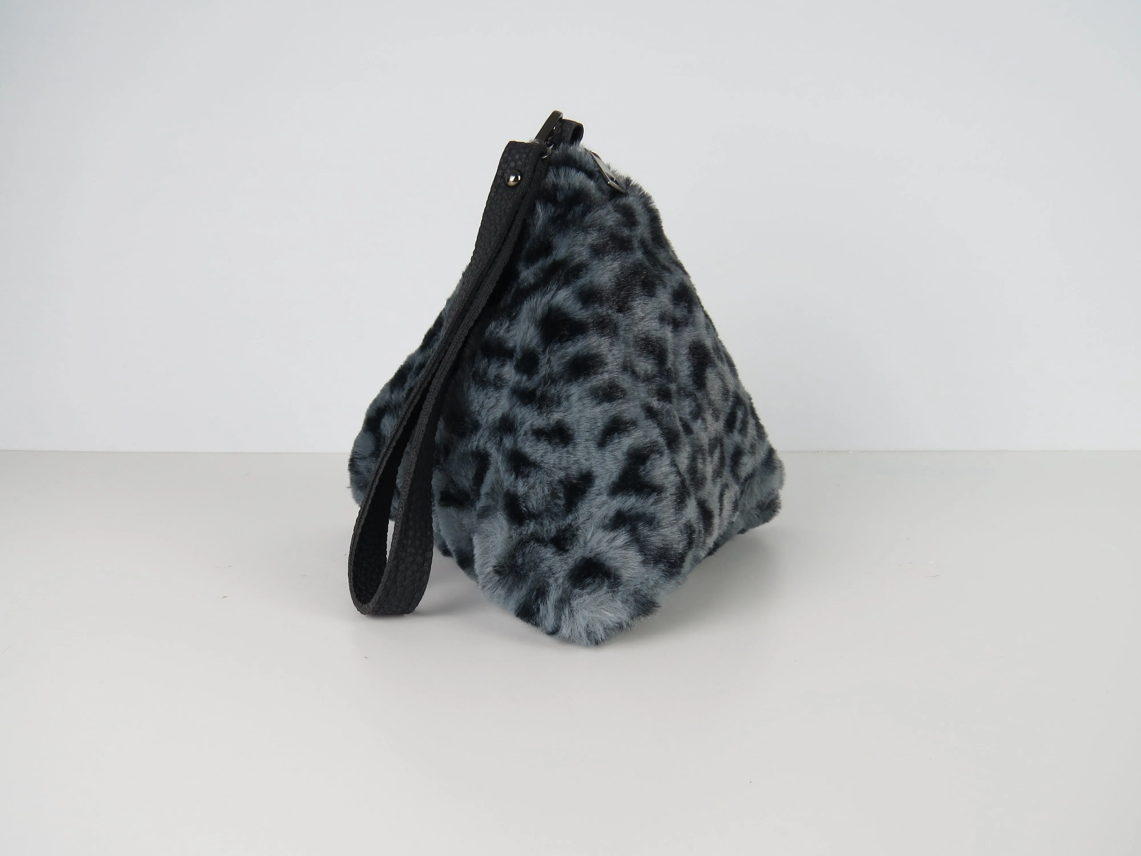 Triangular Grey Leopard Faux Fur Bag Soft Fluffy Purse