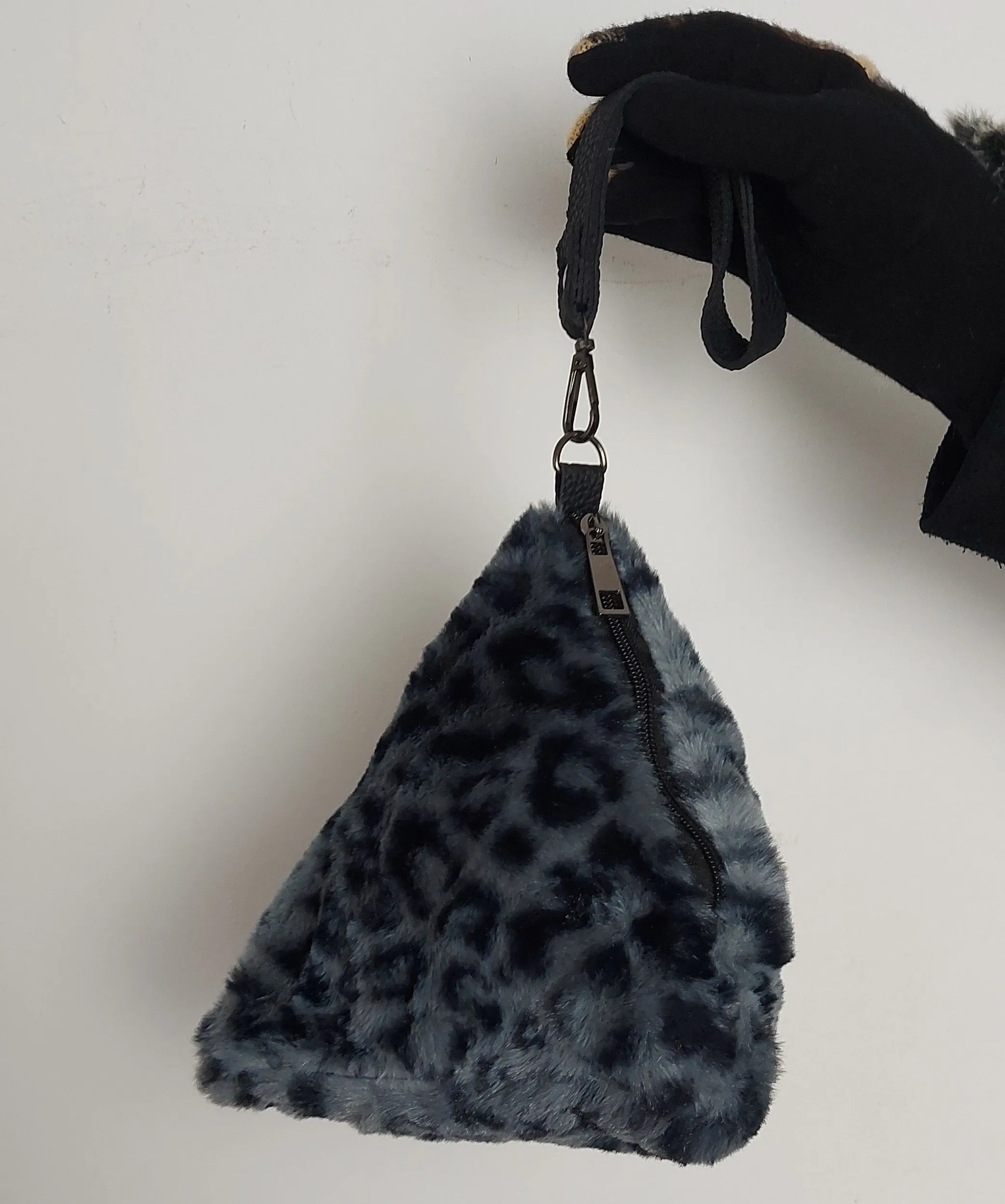 Triangular Grey Leopard Faux Fur Bag Soft Fluffy Purse