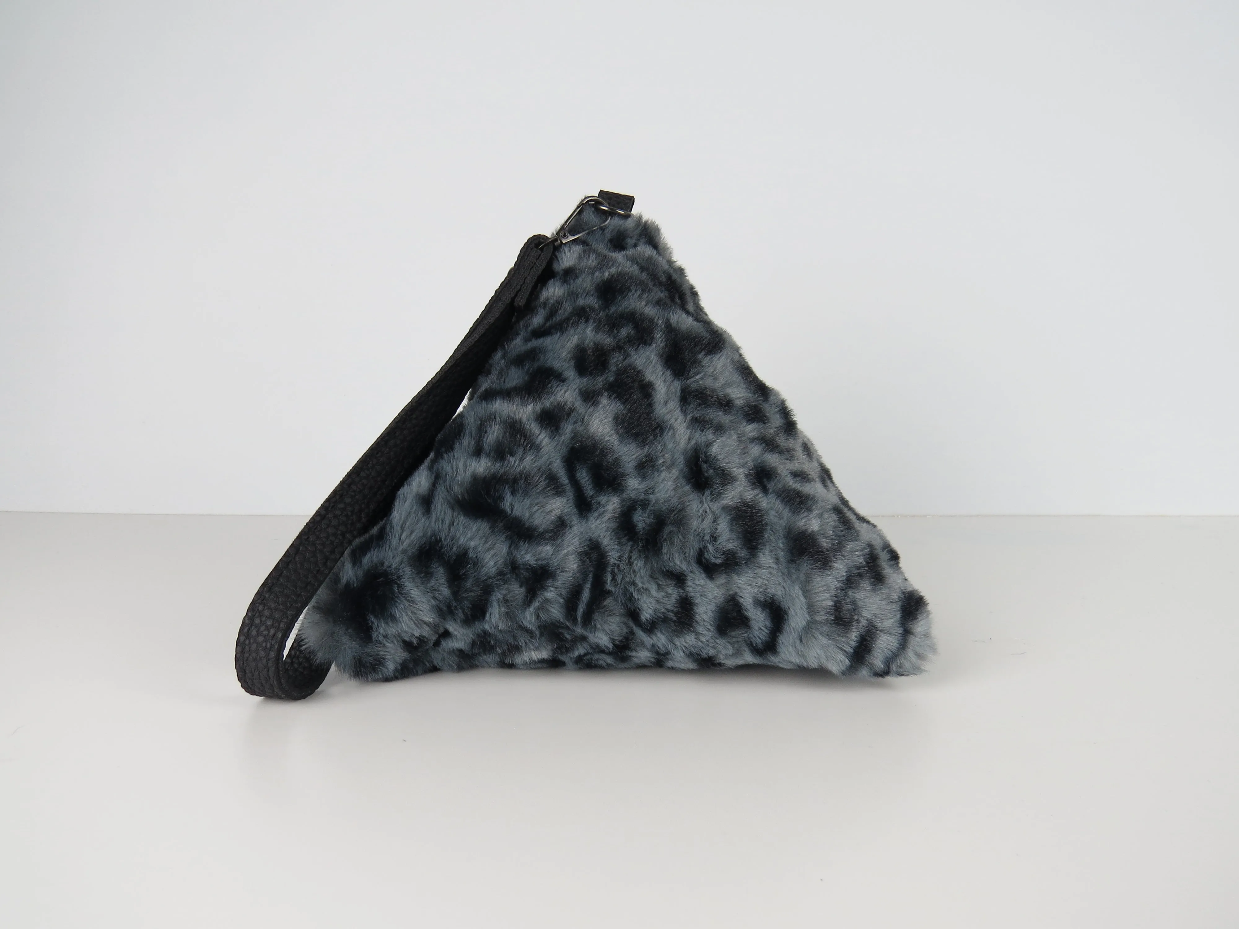 Triangular Grey Leopard Faux Fur Bag Soft Fluffy Purse