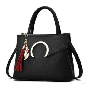 Women Luxury Black Faux-Leather Tote Messenger Bag with a Dazzling Tassel