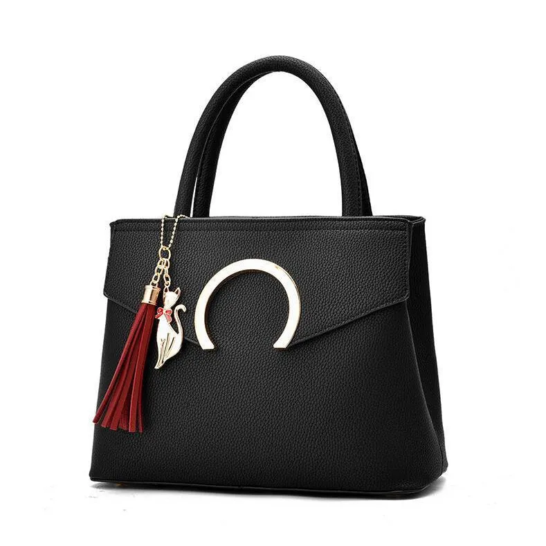 Women Luxury Black Faux-Leather Tote Messenger Bag with a Dazzling Tassel