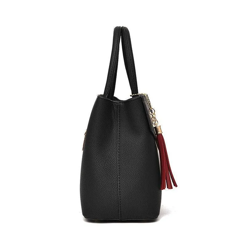 Women Luxury Black Faux-Leather Tote Messenger Bag with a Dazzling Tassel