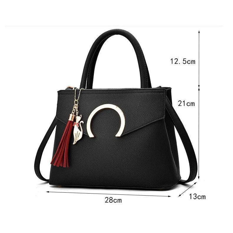 Women Luxury Black Faux-Leather Tote Messenger Bag with a Dazzling Tassel