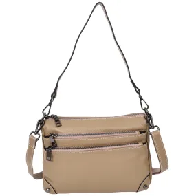 Womens Leather Shoulder Bag Classic Multiple Zip Pockets Handbag A188 Beige