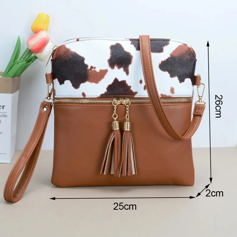 Women's PU Leather Cow Print Wristlet Tassel Crossbody Shoulder Bag