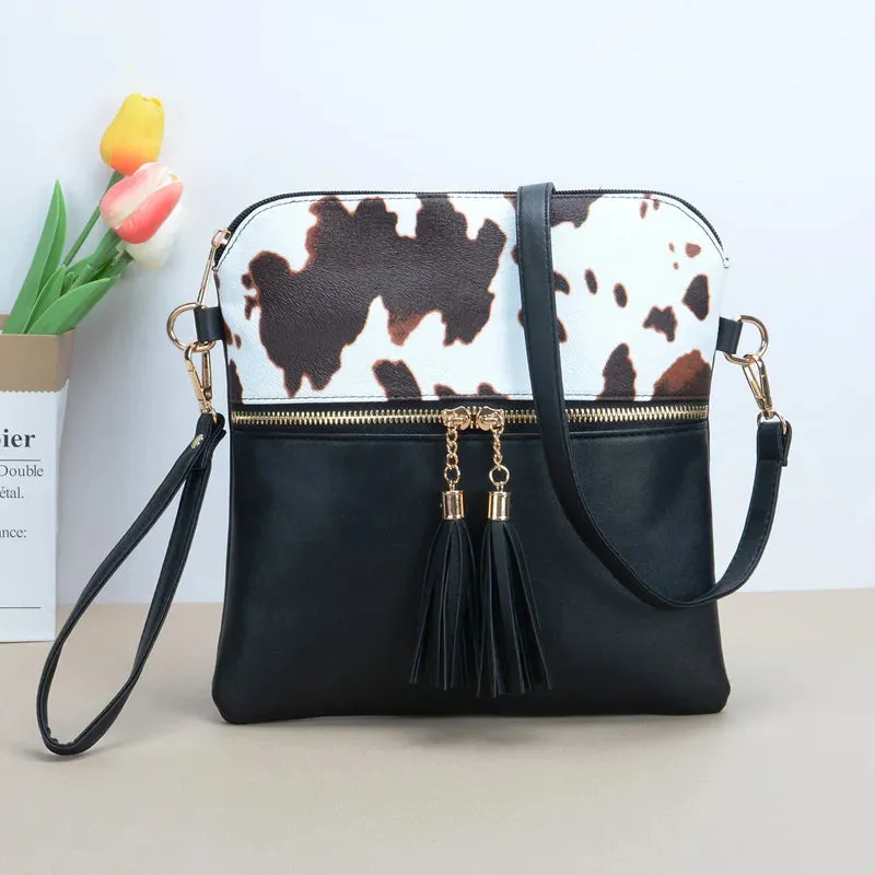 Women's PU Leather Cow Print Wristlet Tassel Crossbody Shoulder Bag