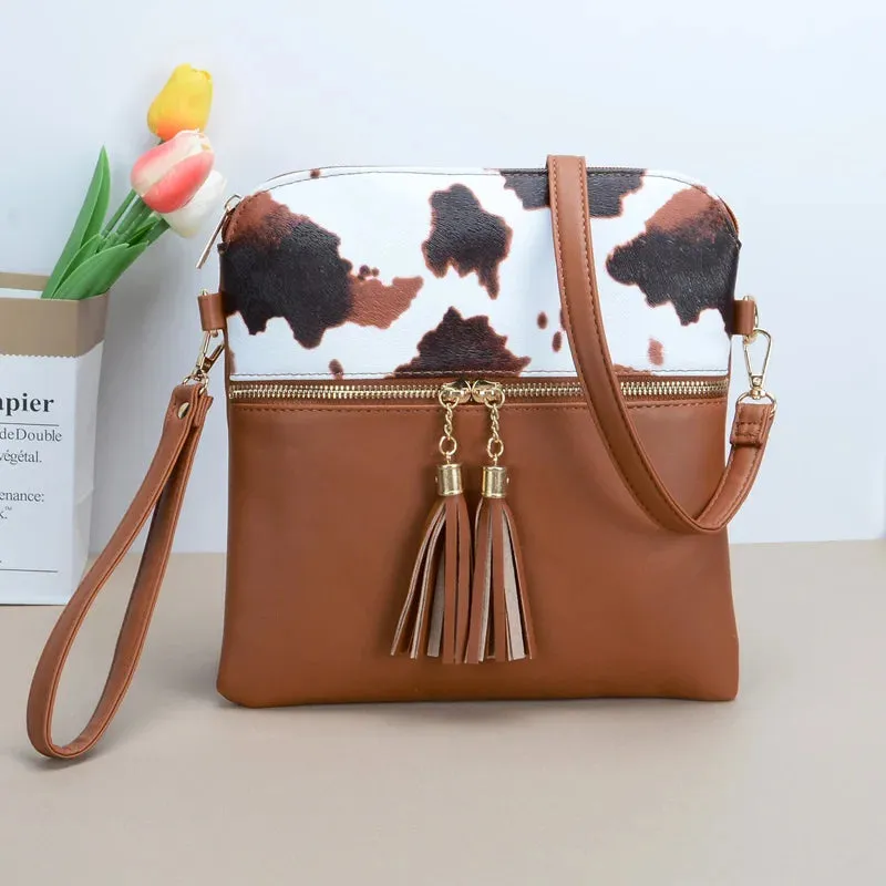 Women's PU Leather Cow Print Wristlet Tassel Crossbody Shoulder Bag