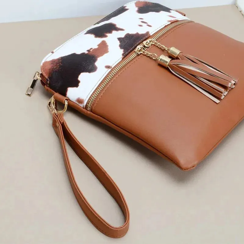 Women's PU Leather Cow Print Wristlet Tassel Crossbody Shoulder Bag