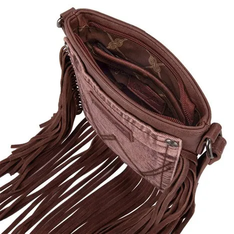 Wrangler Light Coffee Leather Fringe Denim Pocket Crossbody Bag